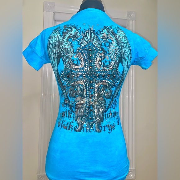 Swarovski Crystal Embellished Cross T Shirt For Women, Blue Short Sleeve Shirt - Picture 6 of 16